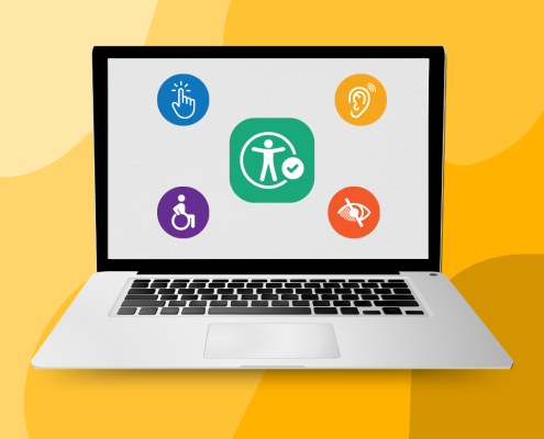 Pantalla de una computadora u ordenador portatil que muestra los íconos que representan los distintos tipos de discapacidad y la accesibilidad universal.