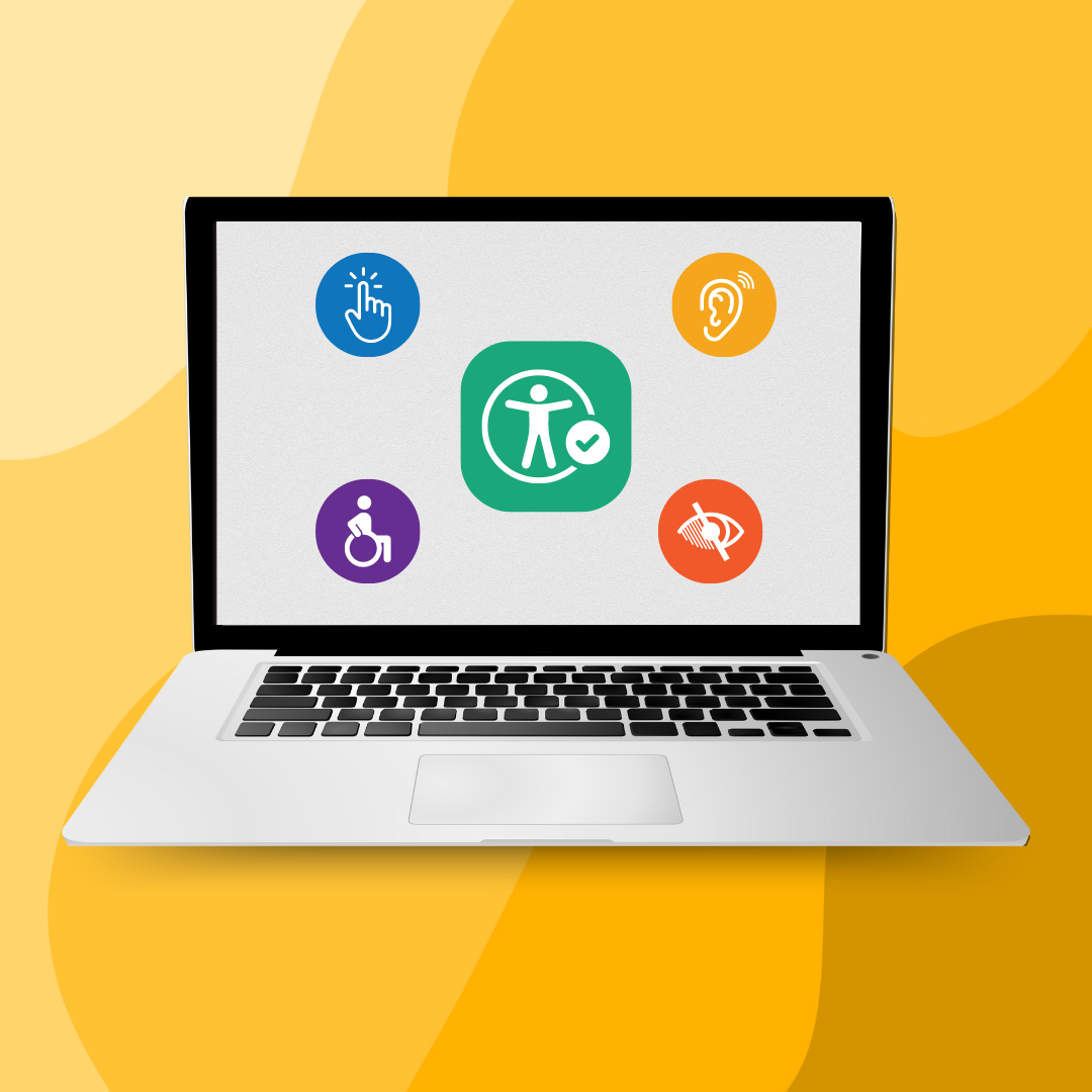 Pantalla de una computadora u ordenador portatil que muestra los íconos que representan los distintos tipos de discapacidad y la accesibilidad universal.